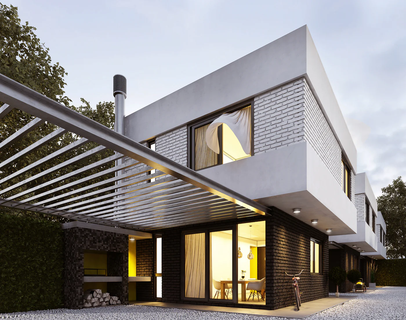 Casa contemporánea iluminada al atardecer