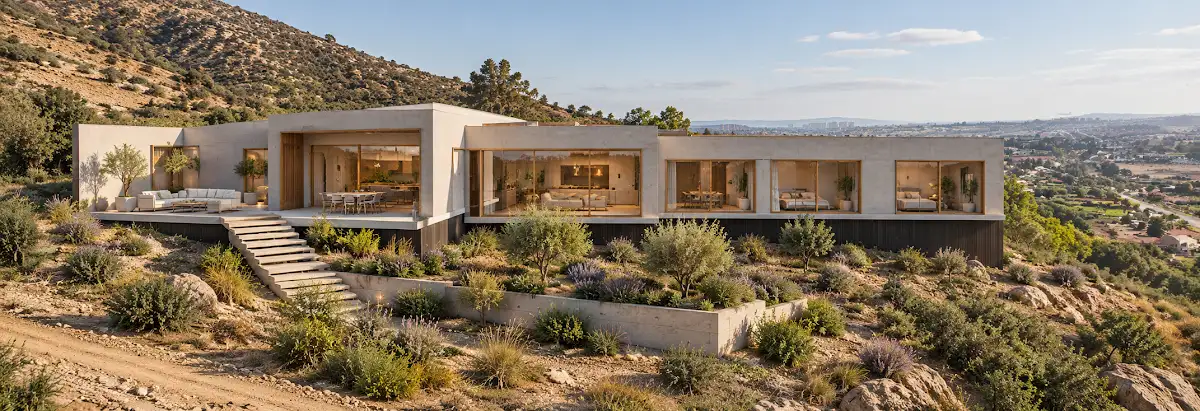 Render de una casa contemporánea sobre una ladera