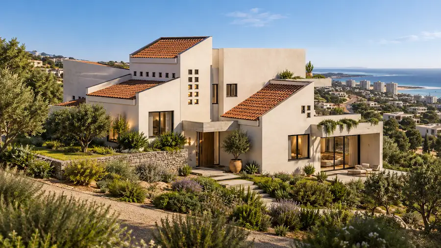 Render de una casa mediterránea con vista al mar